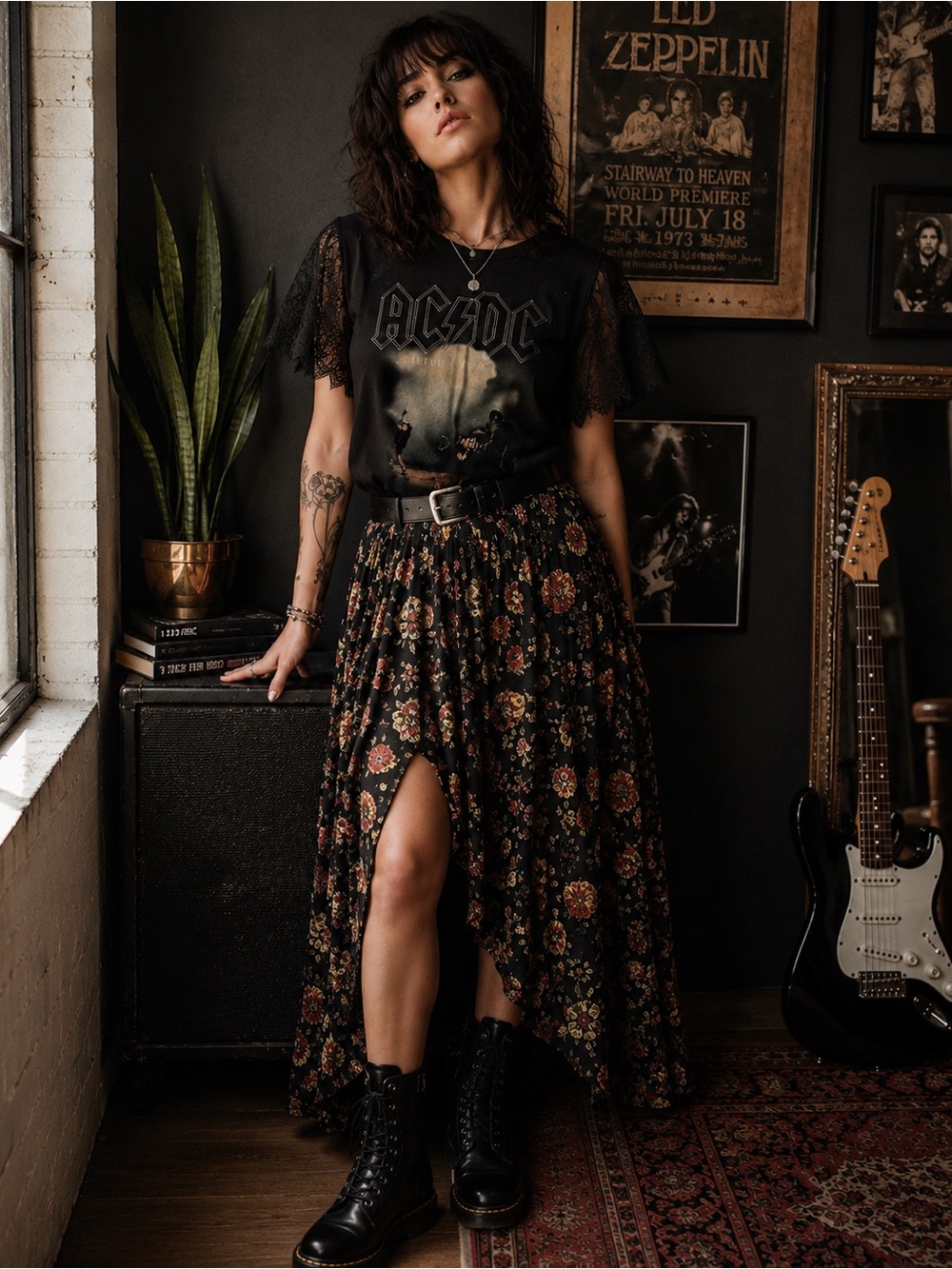 AC/DC tee with lace sleeves
